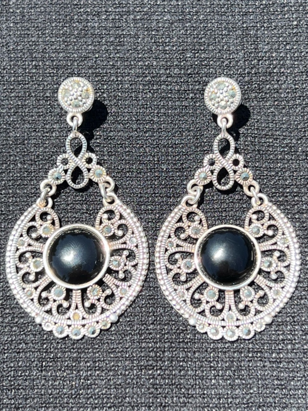 925 Silver and Black Onyx with Hematite accents 2” long Post Earrings Thailand